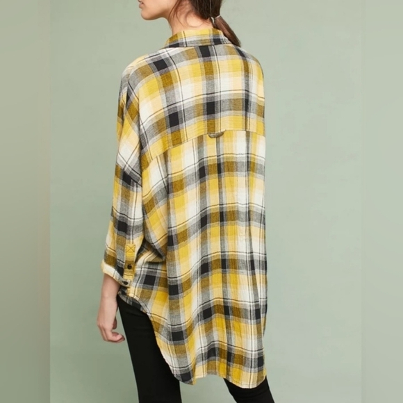 Anthropologie Maeve Embroidered Plaid Buttondown Oversized Tunic Shirt Size XS/S - Picture 3 of 13